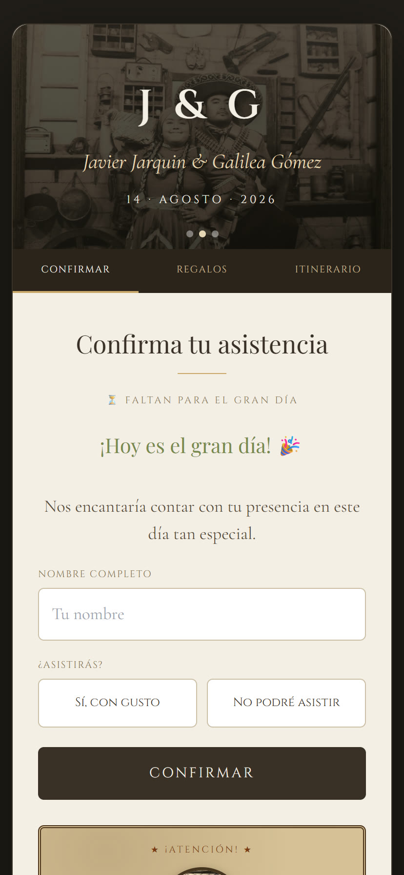 Pantalla de confirmación de asistencia