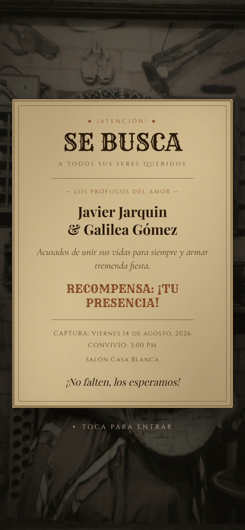 Portada de una invitación digital con temática de cartel de "se busca"